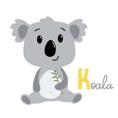 Cute koala with sign Koala. Letter K learning. Animal alphabet. isolated on white background. vector