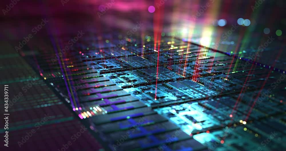Poster silicon wafer, hardware data processing motion graphic. background with lots of light spots, electro