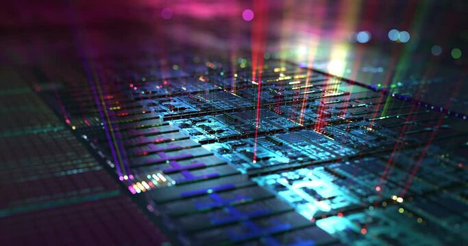 Silicon wafer, hardware data processing motion graphic. background with lots of light spots, electronic circuit board. 3D rendering. 4K loop. 