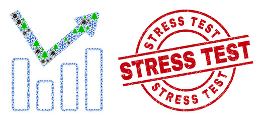 Winter Covid collage graph chart, and textured Stress Test red round seal. Collage graph chart is composed with Covid-2019 virus, fir-tree, and snowflake symbols.