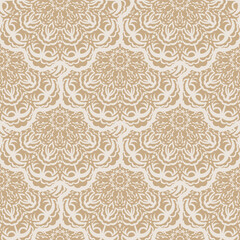 Beige seamless pattern with decorative ornaments. Good for murals, textiles, and printing. Vector illustration.