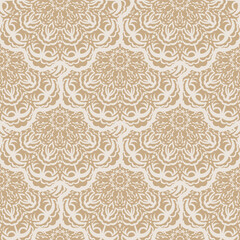 Beige seamless pattern with decorative ornaments. Good for murals, textiles, and printing. Vector illustration.