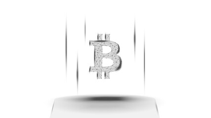 Bitcoin BTC token symbol above the pedestal on white background. Cryptocurrency logo icon. Vector illustration for website or banner.