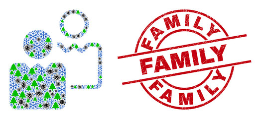 Winter viral collage users, and dirty Family red round watermark. Collage users is constructed from coronavirus, fir-tree, and snow icons. Red Family stamp uses circles and lines.