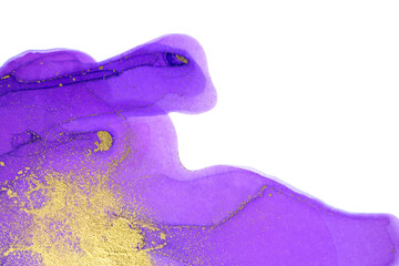 Smudges of purple watercolor paint interspersed with gold particles on white background