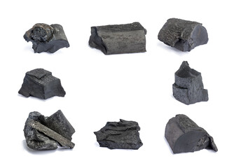 Collection of natural wood charcoal isolated on white background. Hardwood charcoal.