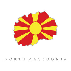 North Macedonia Map Flag Vector. Vector isolated simplified illustration icon of North Macedonia map. National Macedonian flag red, yellow colors White background. North Macedonia with national flag.
