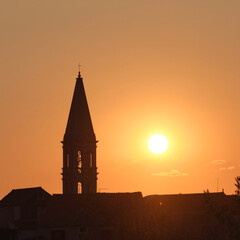 silhouette of Bell tower of the Church of St. Stephen in Stari Grad on island of Hvar in Dalmatia, Croatia