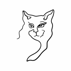 Vector illustration of a cat head in line art style. Cat head silhouette in minimalistic style isolated on white background. 