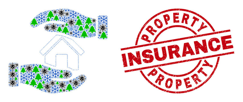 Winter Coronavirus Composition Hands Care Home, And Unclean Property Insurance Red Round Stamp. Collage Hands Care Home Is Made From Coronavirus, Green Tree, And Ice Crystal Icons.