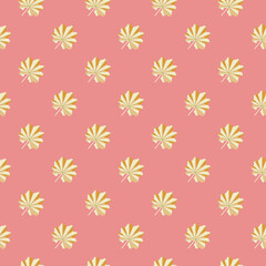 Yellow abstract tropic leaf silhouettes seamless nature pattern in doodle style. Pink background.