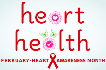 Heart health vector illustration. Flat banner in red, white and pink with butterfly for healthcare, poster. February heart awareness month concept.
