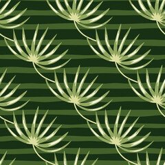 Fototapeta na wymiar Hand drawn nature seamless pattern with diagonal tropic leaves. Green striped background. Nature backdrop.
