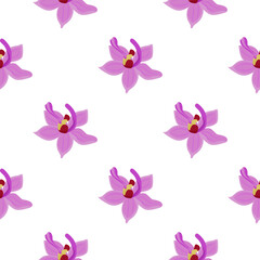 Lilac orchid flowers seamless pattern in botanic style. Doodle floral backdrop. Isolated print.