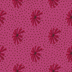 Decorative seamless pattern with abstract palm licuala ornament in doodle style. Pink dotted background.