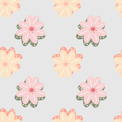 Bloom seamless pattern with cute pink and orange colored chamomile flowers shapes. Blue background.