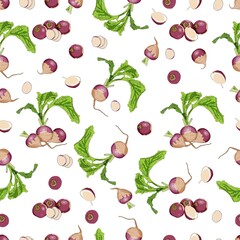 Seamless background of purple top white globe turnips. Whole, half, and sliced turnip. Turnip with tops. Organic and healthy, vegetarian vegetables. Vector illustration isolated on white background.