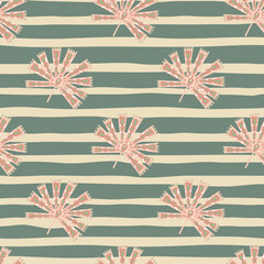 Spring nature season seamless pattern with tropic pink simple folk licuala palm on grey striped background.