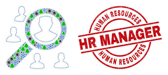 Winter Covid-2019 collage search users, and Human Resources Hr Manager red round stamp seal. Collage search users is formed of Covid-2019 virus, fir-tree, and snow symbols.