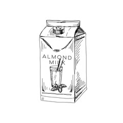 Almond milk package, retro hand drawn vector illustration.