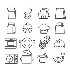 Set of food and cooking in minimal icons. Package for delivery concept. Modern outline on white background