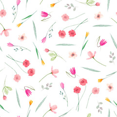 Watercolor floral seamless pattern with different wild flowers. Cute background.
