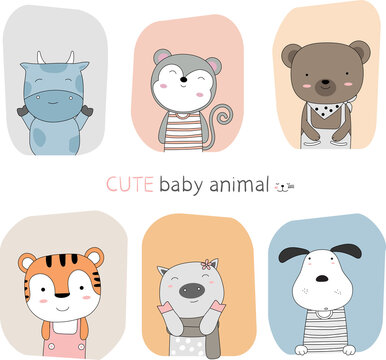 Hand drawn style. Cartoon sketch the cute posture baby animal with frame color background