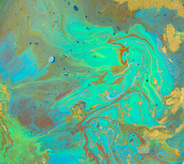 Fototapeta na wymiar Marble blue and green abstract background in sea style. Liquid close up ink pattern.