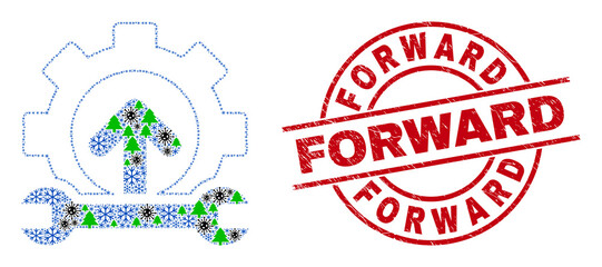 Winter viral collage forward gear repair, and grunge Forward red round stamp imitation. Collage forward gear repair is made from coronavirus, forest, and snow items.