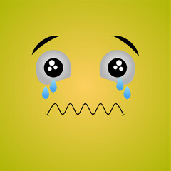 Cartoon face expression. Kawaii manga doodle character with mouth and eyes, sad cry face emotion, comic avatar isolated on yellow background. Emotion squared. Flat design.