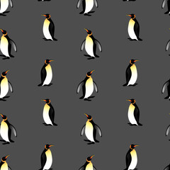 Penguins on grey background seamless pattern. Winter vector illustration.