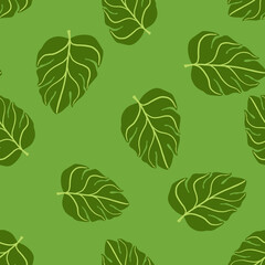 Random nature jungle seamless pattern with doodle monstera leaves ornament. Abstract tropic print.