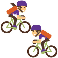 Courier bicycle delivery boy and girl with parcel box on the back. Ecological city bike delivering service illustration with modern cyclist carrying package. Food delivery.