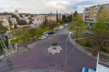 jerusalem-israel. 10-04-2020. A view from above of a traffic square in the Givat Mordechai neighborhood of Jerusalem