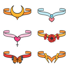 Set of magic tiaras with different decorations like hearts, butterfly, crescent, flowers. Isolated vector illustration of superhero diadems, hand drawm