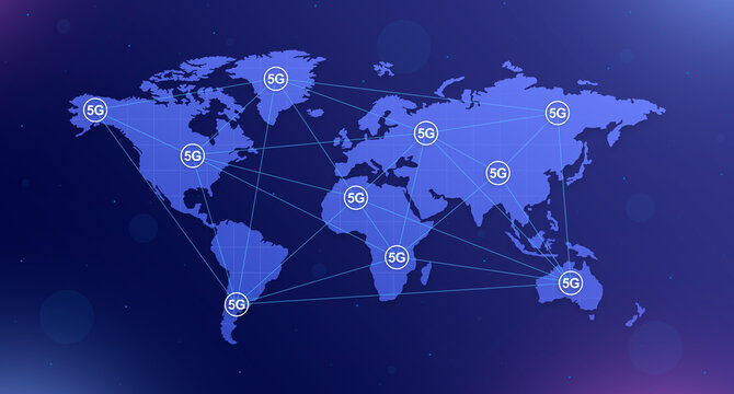 5g icons on the world map on all continents interconnected on blue background with glare 3d