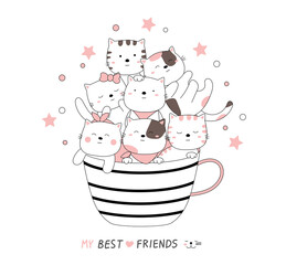 Cartoon sketch the cute cat baby animal with a cup. Hand-drawn style.