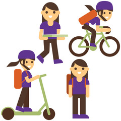 Pizza delivery flat vector illustration. Girl cartoon character. Delivery on scooter, bicycle, carrying box with food isolated design elements. Fastfood courier service.