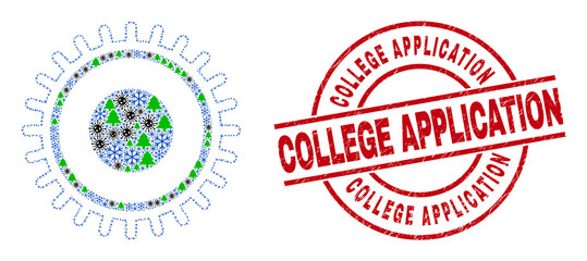 Winter coronavirus collage gear, and grunge College Application red round stamp seal. Collage gear is designed of coronavirus, fir-tree, and snow items.