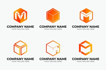 set of orange logo for business. m letter box logo for bussines