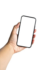 Closeup of hand holding on smartphone with blank screen isolated on white background.