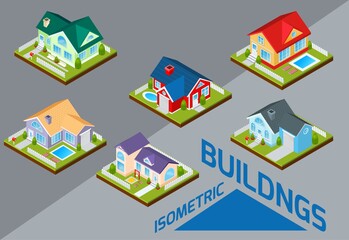 Private house real estate decorative icons set 3d isometric isolated vector illustration