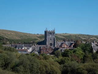 Fototapeta na wymiar view of Corfe village and St Edward the Martyr Church