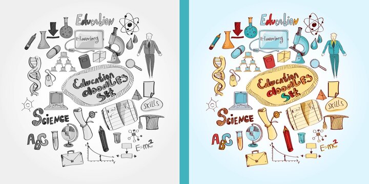 Education doodle colored set with science graduation diploma university and school college knowledge vector