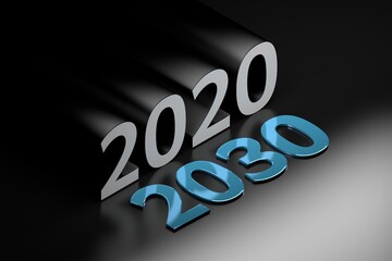 Isometric futuristic background with glossy shiny year 2020 and 2030 numbers on dark background - obrazy, fototapety, plakaty