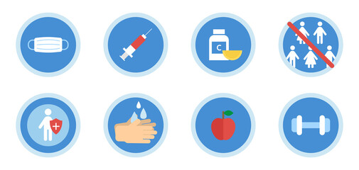 Virus protection icon set. Coronavirus disease warning. Wash hands, wearing mask, vaccine, vitamins, sport, strong immunity, avoid crowd symbol. Medical concept. Vector illustration