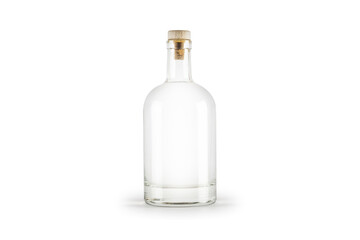 Transparent bottle with alcohol liquid isolated on white background.