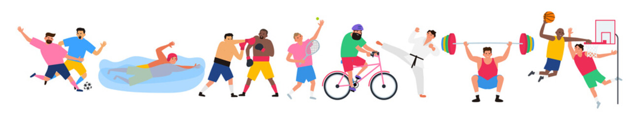 various sports men athletes players sport athletics game competition set vector illustration. football tennis basketball weightlifting boxing karate