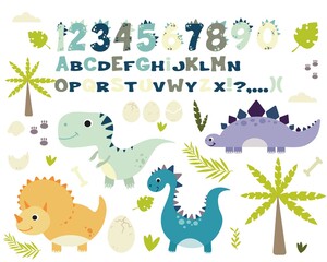 set of cute dinosaurs with plants, bone, monstera leaves, egg and alphabet, for design of children's cards, clothes, etc. flat cute drawings for kids, stylized vector graphics