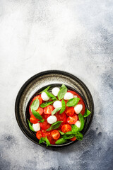 Summer caprese salad with red tomatoes and white mozzarella cheese with fresh green basil leaves. Gray table. Top view